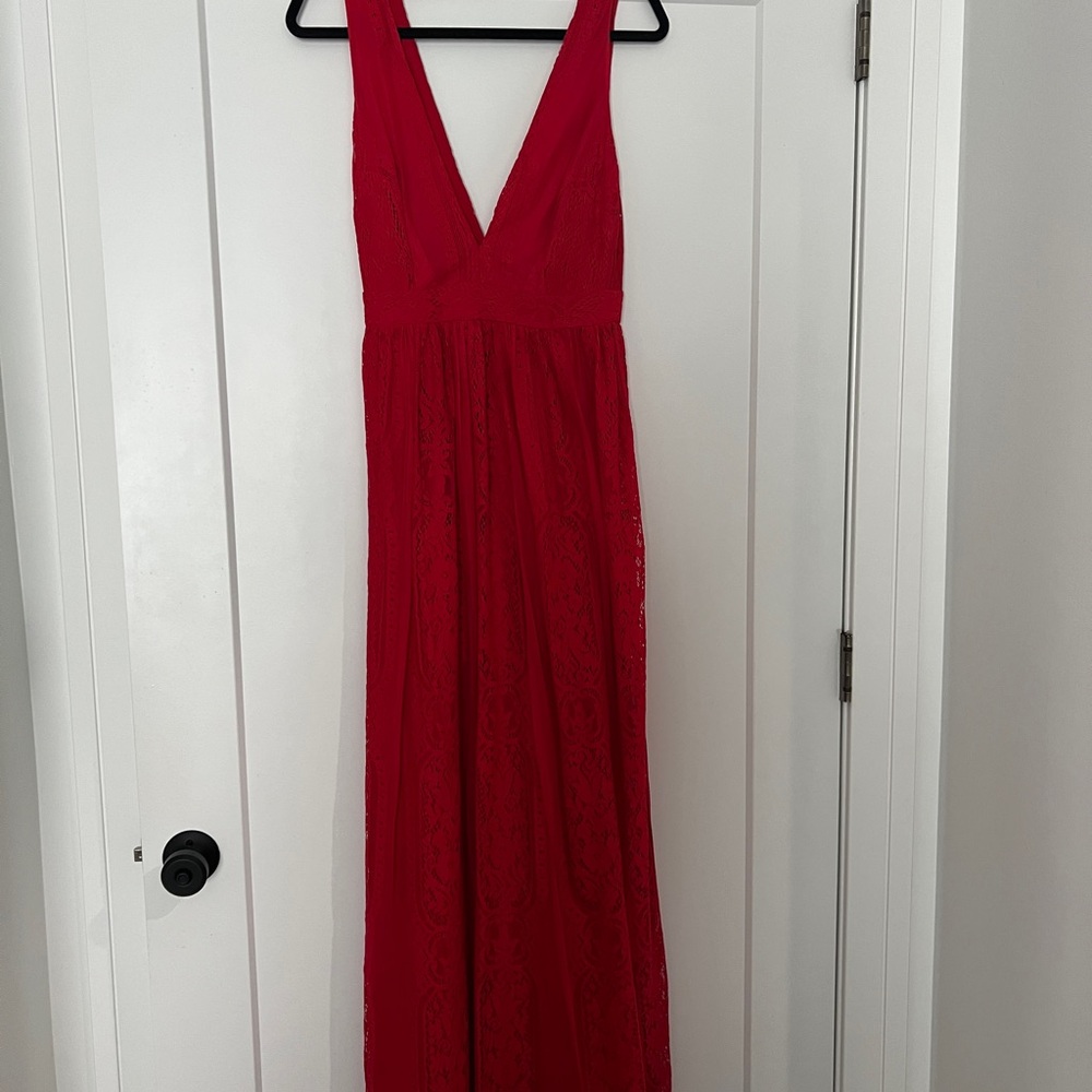bebe Vibrant Red Lace Maxi Dress